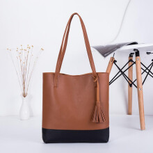 (brown) Fashion Color Block Shoulder Bag Large Capacity Fringe Tote Bag Preppy Style Women's Bag for Commute & Casual