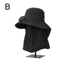 (Black)Wide Brim Solar Fan Outdoor Sunscreen Sun Hat With Fan and Mask Hot 2024