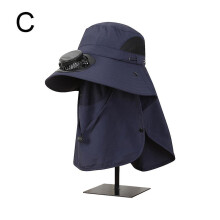 (Navy)Wide Brim Solar Fan Outdoor Sunscreen Sun Hat With Fan and Mask Hot 2024