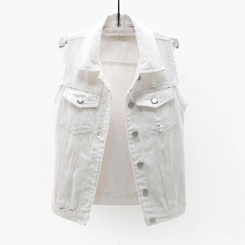 (M,White)Women Spring And Autumn Coats Solid Sleeveless Denim Jacket Outerwear - PJ