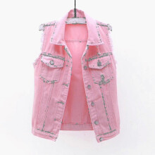 (S,Pink)Women Spring And Autumn Coats Solid Sleeveless Denim Jacket Outerwear - PJ