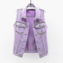 (L,Purple)Women Spring And Autumn Coats Solid Sleeveless Denim Jacket Outerwear - PJ