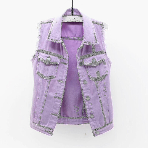 (M,Purple)Women Spring And Autumn Coats Solid Sleeveless Denim Jacket Outerwear - PJ