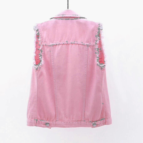 (M,Pink)Women Spring And Autumn Coats Solid Sleeveless Denim Jacket Outerwear - PJ 2