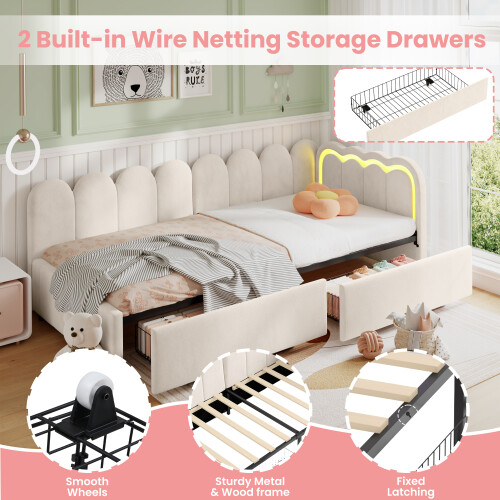 3ft Single Daybed with Smart RGB LED Lights and 2 Storage Drawers 1