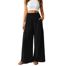 Smocked Linen Pants Women Baggy Flowy Wide Leg Pants-Black L