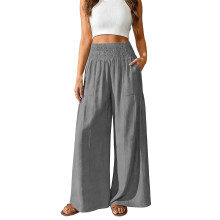 Smocked Linen Pants Women Baggy Flowy Wide Leg Pants-Gray L