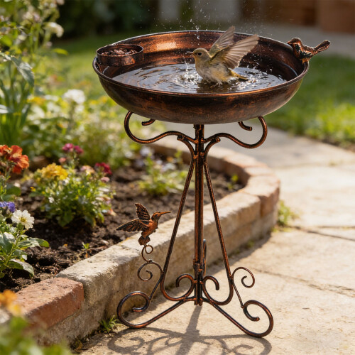 Weathered Iron Bird Drinking Dish Including Food Tray For 1