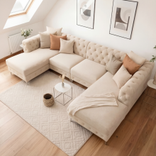 (Cream, U-Shape Sofa) Monaco U Shape Corner Sofa Chesterfield Plush Velvet Large Sofa Set Luxury Tufted Design UK