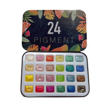 (Book of Songs) 24 Colors Pearlescent Pigment Watercolors Set Shining Metallic Gouache Paint Portable Iron Palette