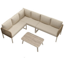 5-6 Seater Garden Furniture Set with Wood-look Tempered Glass Coffee Table