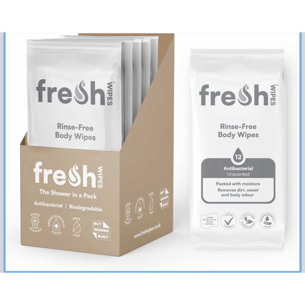 FreshWipes Unscented Antibacterial Body Wet Wipes For Adults 5 Pack (60 Wipes)