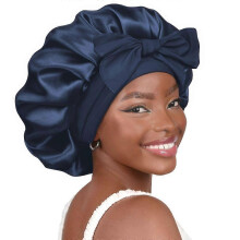 (36cm,Navy Blue)Silk Bonnet for Sleeping Women Adjustable Double Layer Satin Bonnet Reduce Friction Prevent Frizz Natural Curly Hair