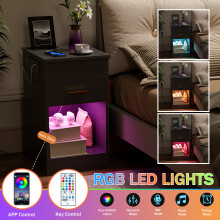 LED Bedside Table with Drawer & Flip-Top Bedside Cabinet w/Charging Station & Open Shelf for Bedroom