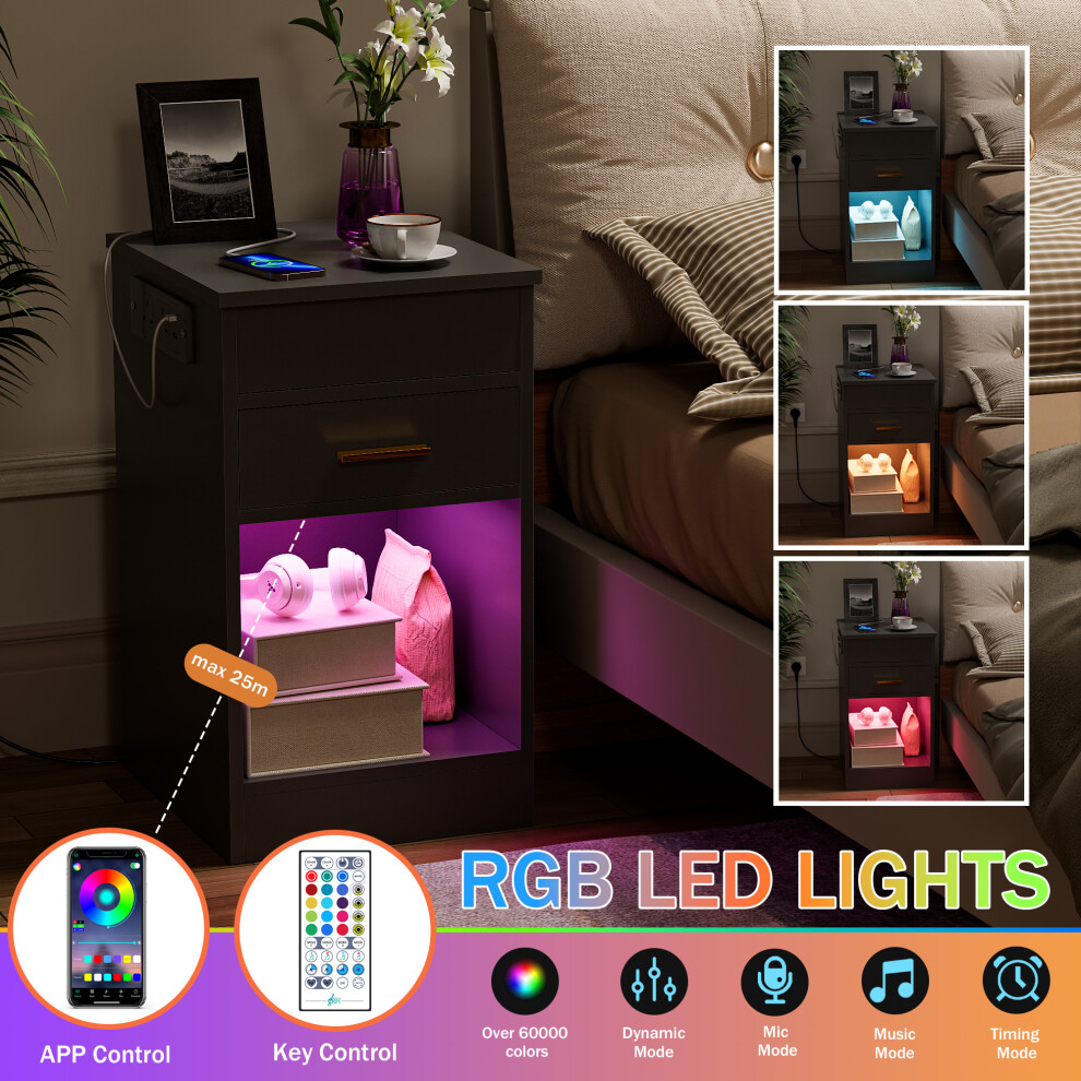 LED Bedside Table with Drawer & Flip-Top Bedside Cabinet w/Charging Station & Open Shelf for Bedroom