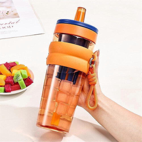 (Orange)High-quality Water Cup Large Capacity High Temperature Resistant Plastic Straw Cup Portable Handle Tea Bin Summer Cup