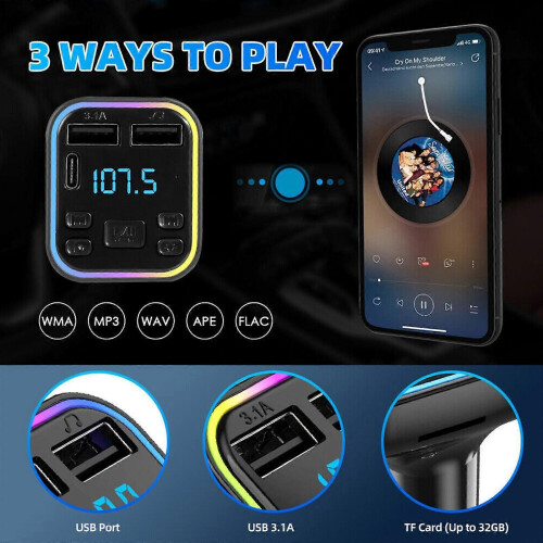Car Wireless Bluetooth FM Transmitter Type-C Dual USB 3.1A Charger Adapter Fast 1