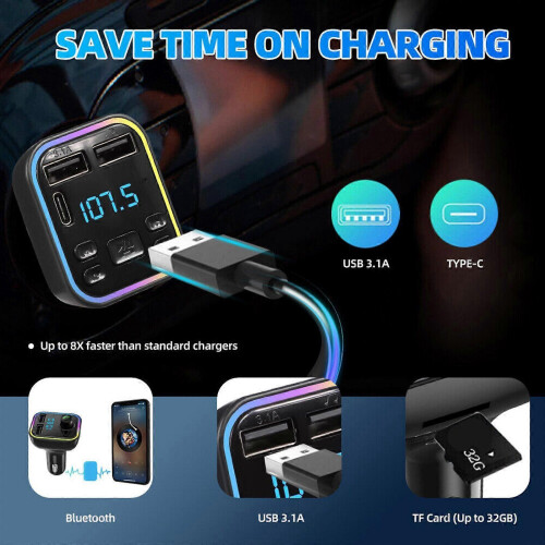 Car Wireless Bluetooth FM Transmitter Type-C Dual USB 3.1A Charger Adapter Fast 2
