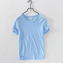 (XXXL,sky blue)Men's Lightweight Breathable 100% Cotton Slim-fit Retro Raw Edge Casual O-Neck T-Shirt