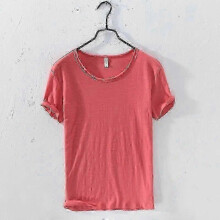 (XL,red)Men's Lightweight Breathable 100% Cotton Slim-fit Retro Raw Edge Casual O-Neck T-Shirt