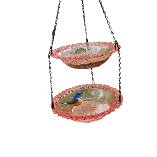 Multicolored Double Layer Suspended Bird Water Vessel And-Pink