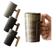 (gilding) Tazas Nordic Earth, taza de café de cerámica hecha a mano, estilo retro, con asa de madera.