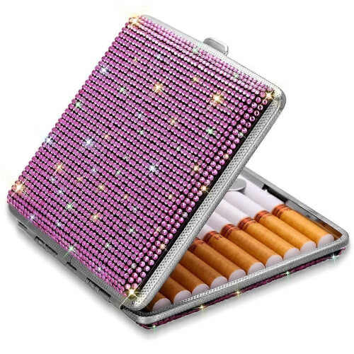 (Pink) Metal Holder Bling Crystal Double Sided Cigarette Box