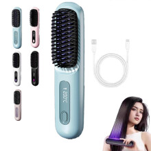 (blue) Cordless Volumizing Hair Brush compatible Short Hair, Heated Styler with 3 Settings, 20s Quick Heat, LED Screen, USB-C, Travel Friendly