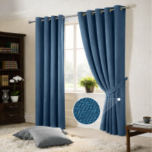 (90x90inch, Blue) 260GSM Thermal Blackout Linen Curtains with Free Tie Backs