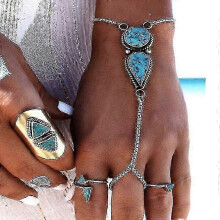 Women Boho Retro Celebrity Turquoise Slave Chain Ring Bracelet Hand Harness-antique Silver hwy