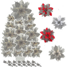 10/20pcs Christmas Flower Poinsettia Artificial Flower with Clip Christmas And Year Party Floral Decoration hwyC