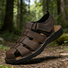 (Dark Brown, 7.5) Herren First Layer Rindsleder Modetrend Bequeme einfarbige geschlossene Zehensandalen Atmungsaktive rutschfeste Strandsa
