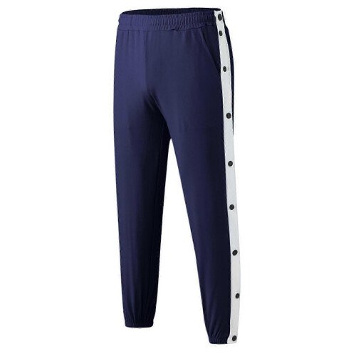 (M, Navy Blue) Men Mid-rise Buttons Pants Splicing Basketball Training Sweatpants