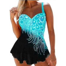 (4XL, Lake Blue) Women Beach Swimwear Feather Print Swimdress Tankini Set Swimsuit Bathing Suit