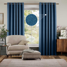 (66" x 72" (168 cm x 182 cm), Blue) 100% Blackout Linen Curtains Thermal Ring Top Ready Made Pair UK