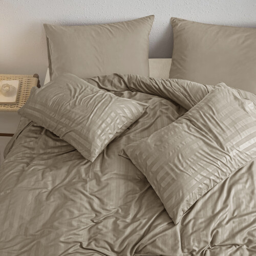 (Double, Beige) Stripe Duvet Cover Set & Pillowcase Pair 1