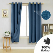 (66" x 54" (168 cm x 137 cm), Blue) 100% Blackout Linen Curtains Thermal Ring Top Ready Made Pair UK