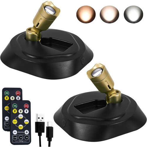 LED spotlights with remote control, battery powered, wall light with timer, 3CTT dimmable artistic light, 2-pack.