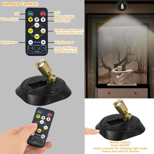 LED spotlights with remote control, battery powered, wall light with timer, 3CTT dimmable artistic light, 2-pack. 1