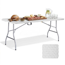 KEPLIN 6ft Folding Table with White Rattan Slate Patterned Top, 180x70x74cm Sturdy Metal Frame, Waterproof, Portable & Easy Assembly