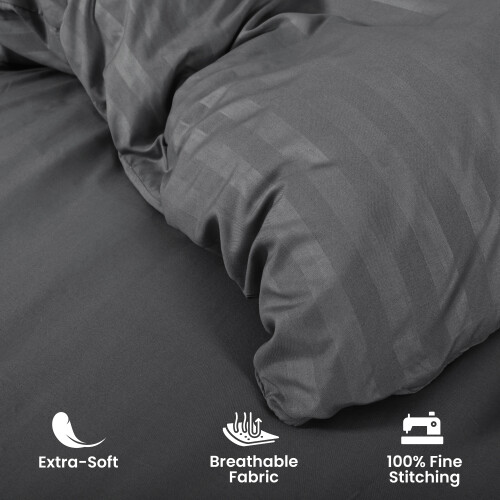 (Super King, Charcoal) Stripe Duvet Cover Set Bed Quilt & Pillowcase Pair 1