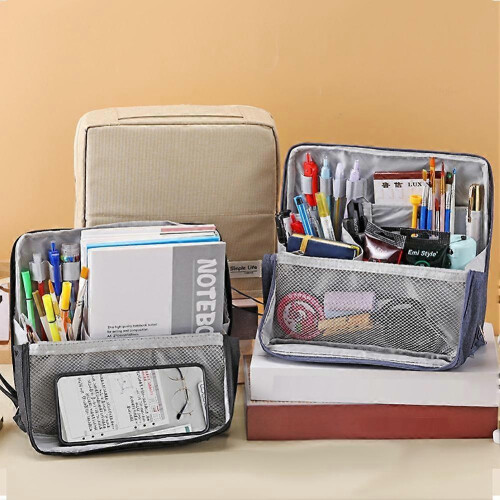 (Navy blue) Classic Large capacity linen pencil case Minimally Handheld Student Premium Quality Versatile Powerful 1