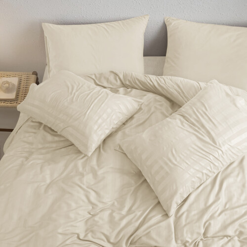 (Double, Cream) Stripe Duvet Cover Set Bed Quilt & Pillowcase Pair 1