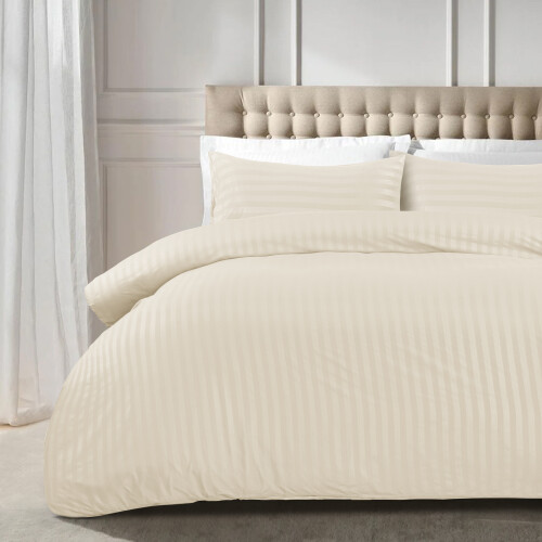 (Double, Cream) Stripe Duvet Cover Set Bed Quilt & Pillowcase Pair