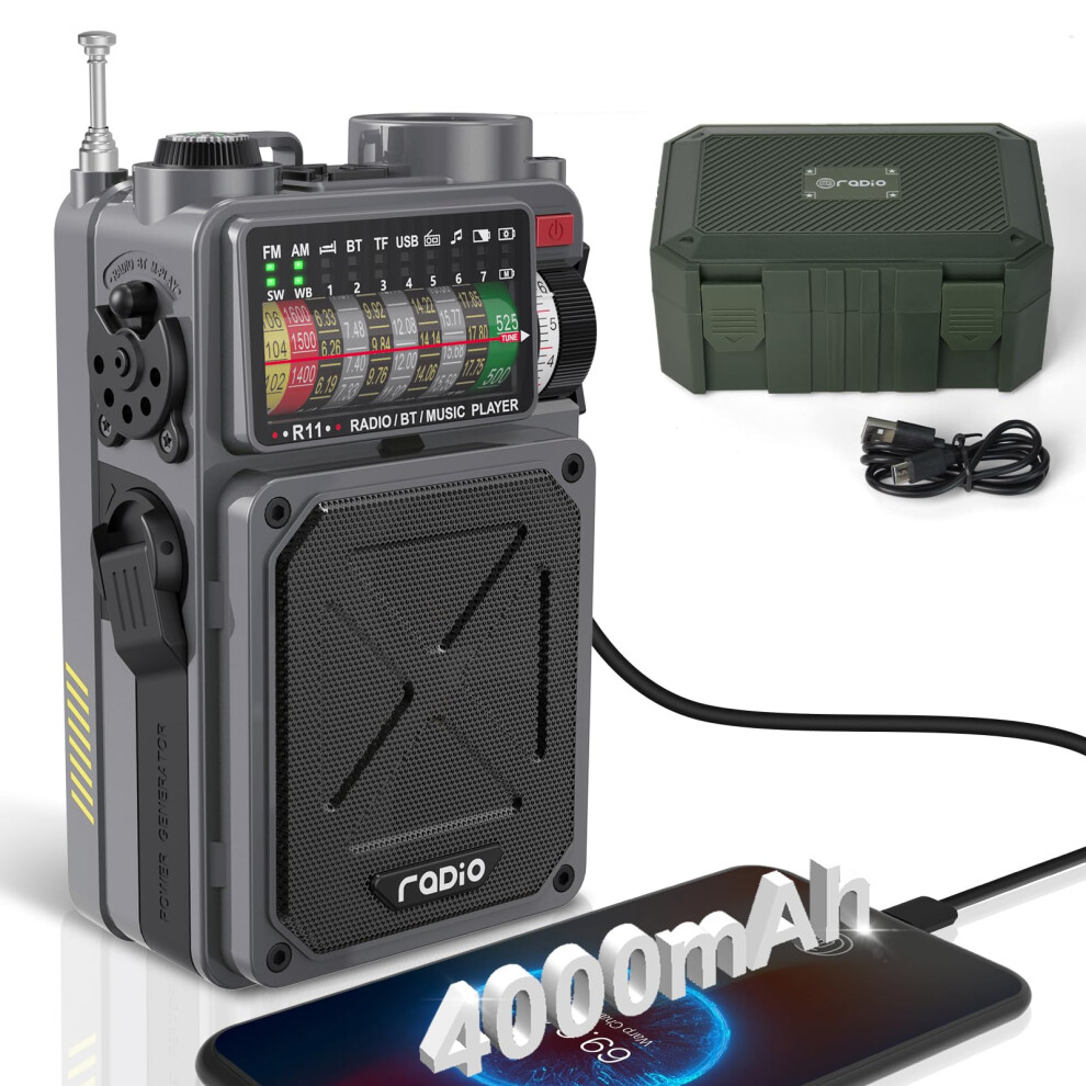 R11 Emergency Radio With Noaa Alerts, Solar And Hand Crank Power, Bluetooth, Flashlight, Compass For Camping And Survival Grey 9073542791928