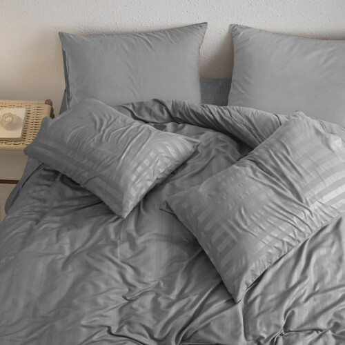(Super King, Grey) Stripe Duvet Cover Set & Pillowcase Pair 1