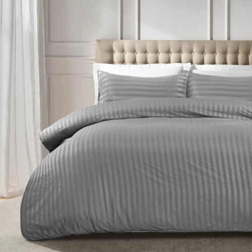 (Super King, Grey) Stripe Duvet Cover Set & Pillowcase Pair