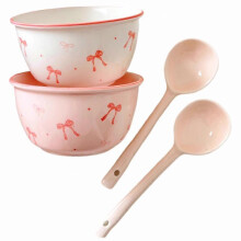 (Black) Bow Print Color Ceramic Bowl Set Household High Aesthetic Bowl And Spoon Set