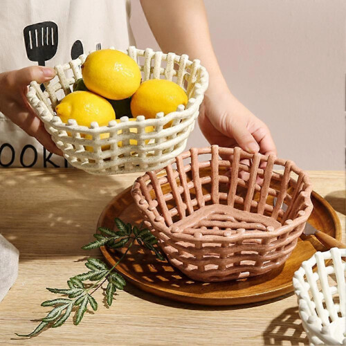 (White) Large Beige Elegant Circular Basket Ceramic Fruit Bowl Glazed 1