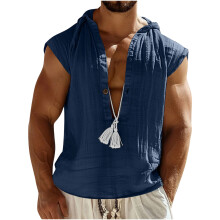 Linen Mix Hooded Tank Top for Men Sleeveless-Navy Blue XXL